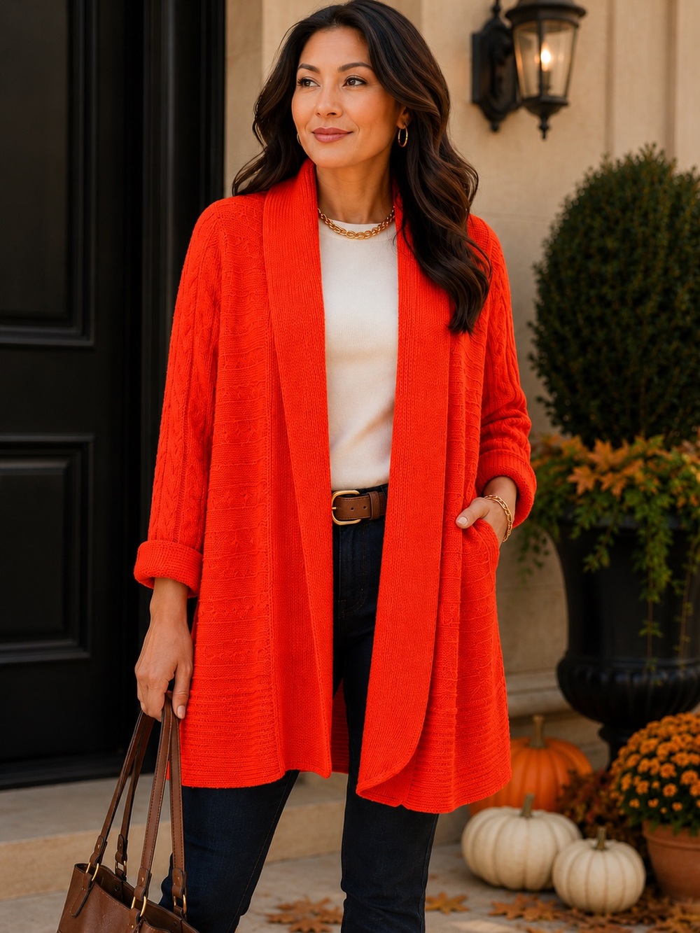 Lauren Ralph Lauren Coral Orange Cotton Cable Knit Open Front Cardigan XL